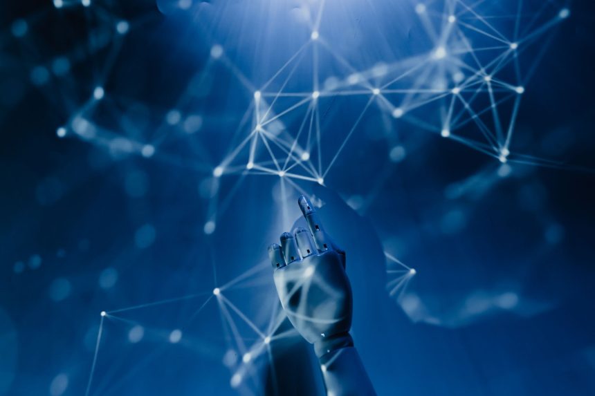 Mão robótica alcançando uma rede digital azul, simbolizando inteligência artificial e conectividade tecnológica.